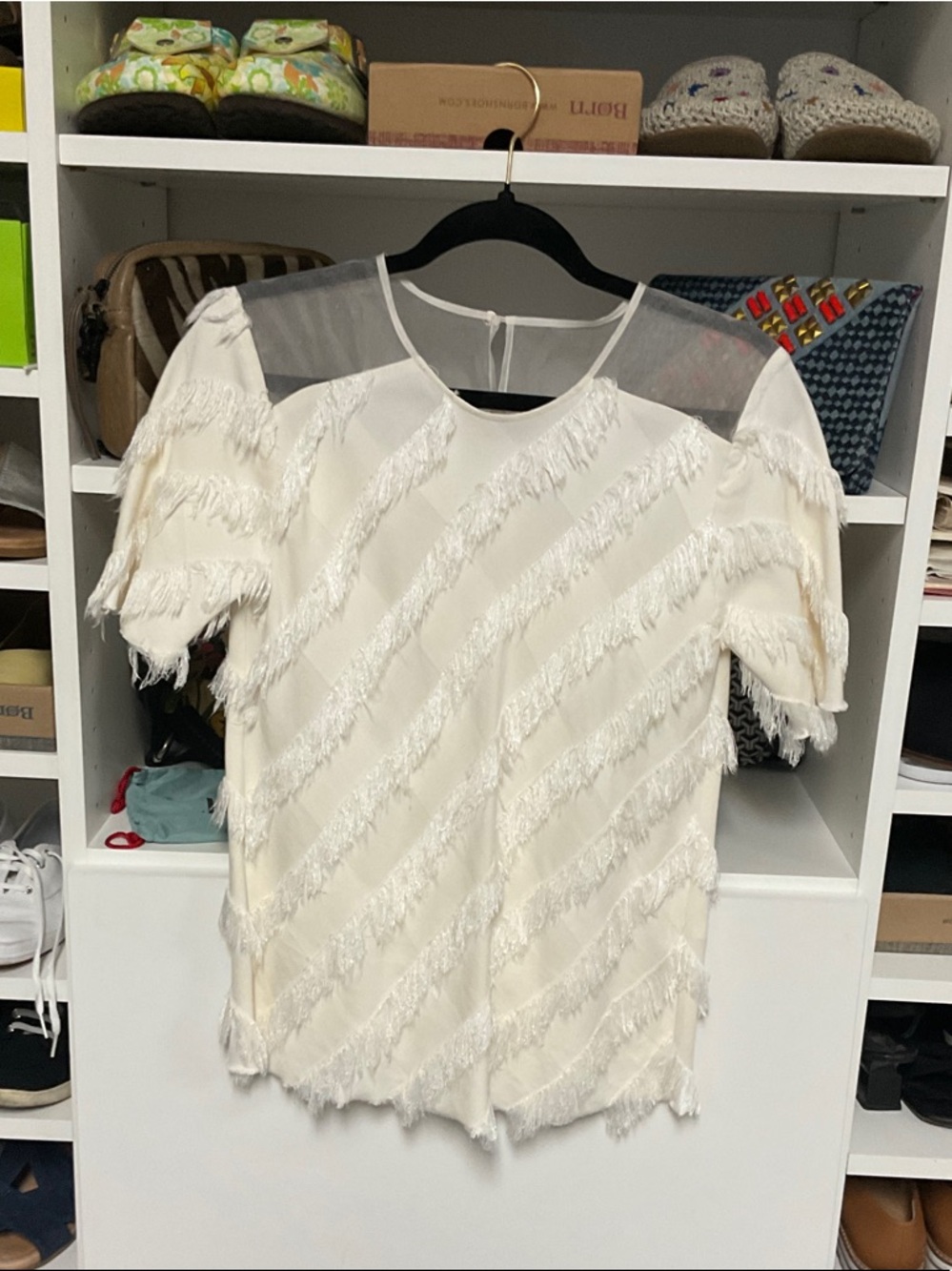 Cream Fringe Short Sleeve Blouse with Sheer Yoke